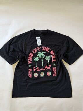 New! Vans "Vans Off The Wall" Palm Graphic Tee - Black with Pink & Mint